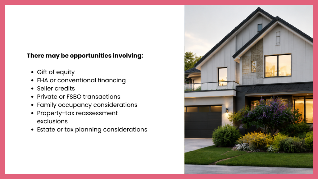 Modern two story home alongside a list of potential considerations when buying a parents’ house, including gift of equity, FHA or conventional financing, seller credits, private sales, family occupancy, property tax reassessment exclusions, and estate or tax planning.